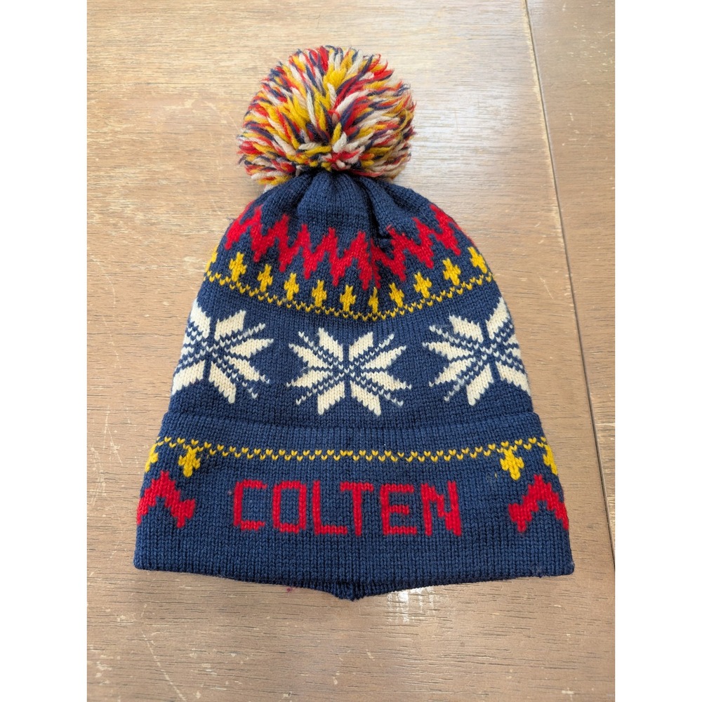 Vintage Moriarty Hat Stowe Vermont Wool Knit Beanie Colten Pom Pom Ski Navy Blue